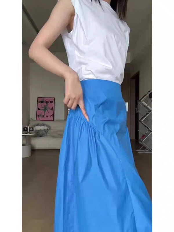 Blue High Waist A-Line Midi Skirt Women's Spring Summer New Style Small Size Hanging Sense Commute Korean Version Pure Color