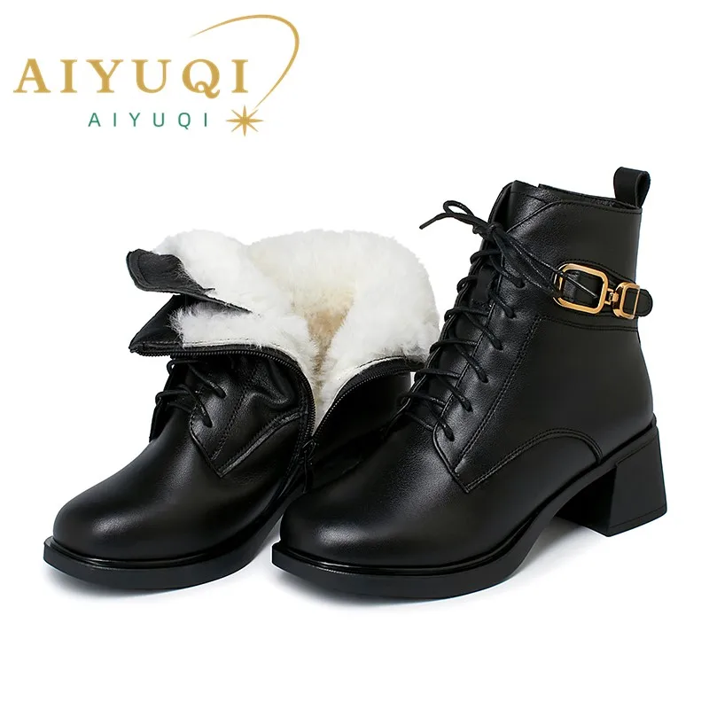 

AIYUQI Winter Boots Women Wool Warm 2024 New Genuine Leather Women Marton Boots British Style Lace-up Large Size Booties Women