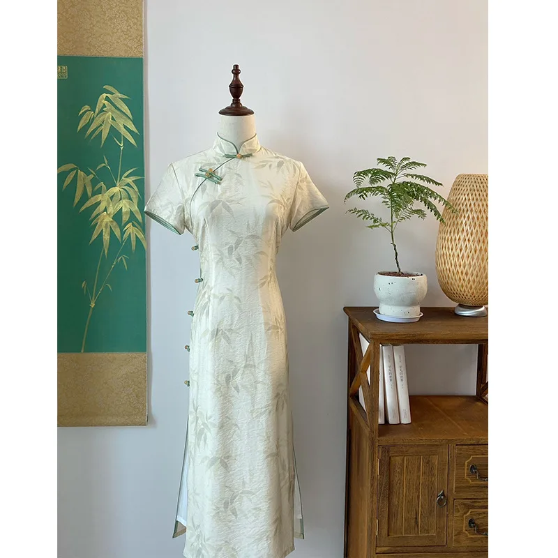 Lady Sexy Chinese Style Dress Long Elegant Qipao Green Bamboo Leaf Print Cheongsam Vintage Mandarin Collar Button Down Qipao