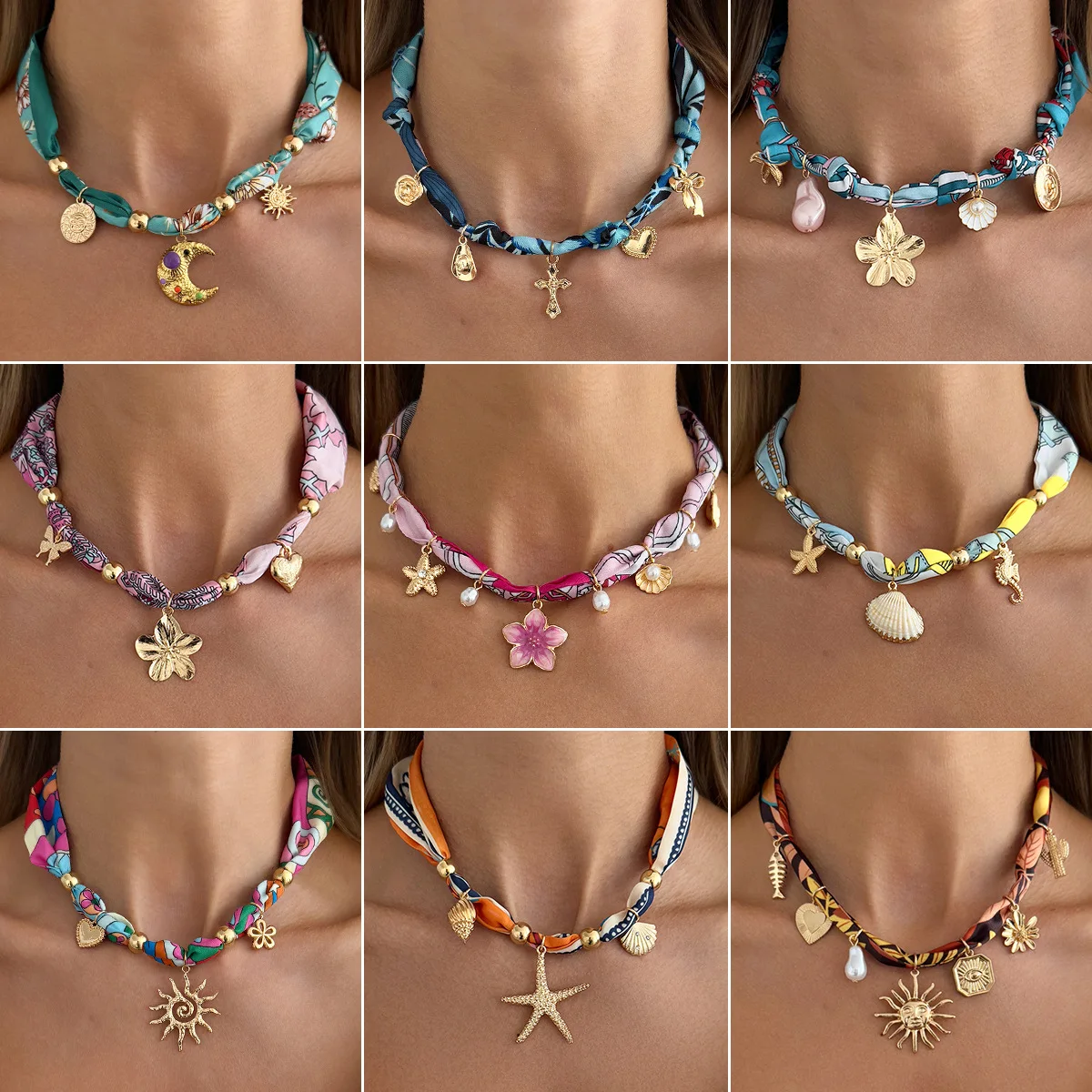 Collar tipo choker de tela estilo bohemio Y2K con dijes dorados de estilo marino, colgante de estrella de mar, concha y flor, para vacaciones en la playa con efecto dopamina