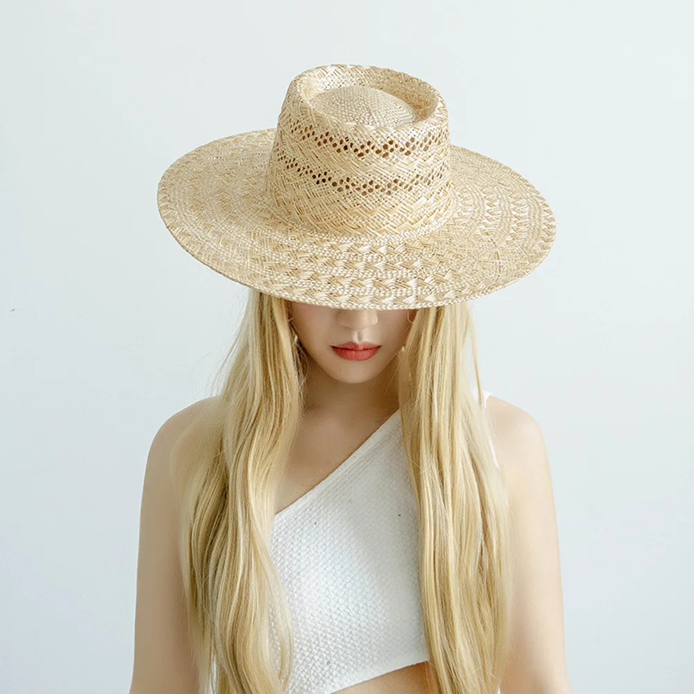 USPOP Spring Summer Fashion Retro Hollow Hand-woven Sisal Wide Brim Straw Hat Ring Top Straw Jazz Fedoras Sun Hat