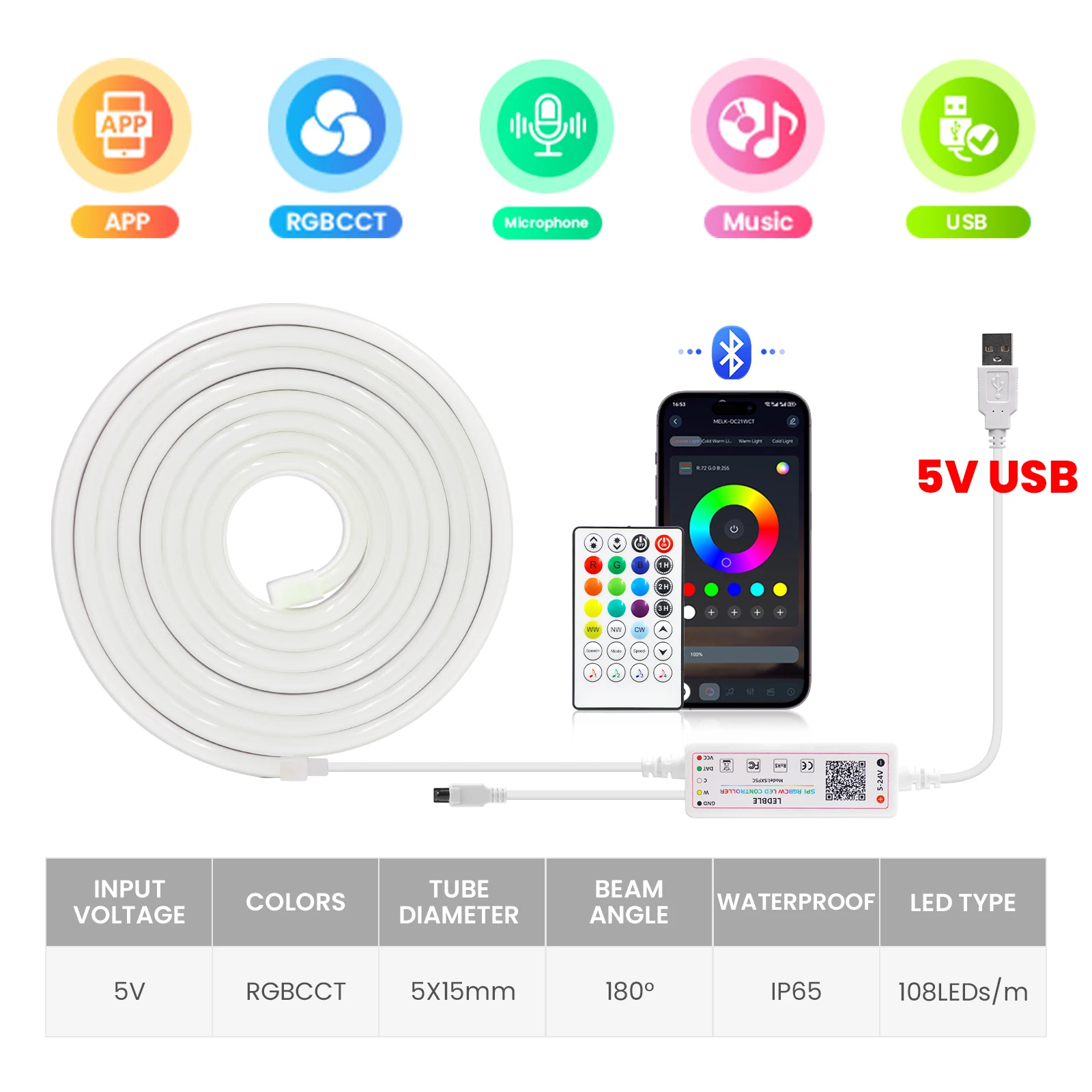 DC 5V RGBCCT Neon Strip IP67 Waterproof WS2812B 108LEDS 5050 2835 Bluetooth APP Control Flexible Ribbion Rope LED Light