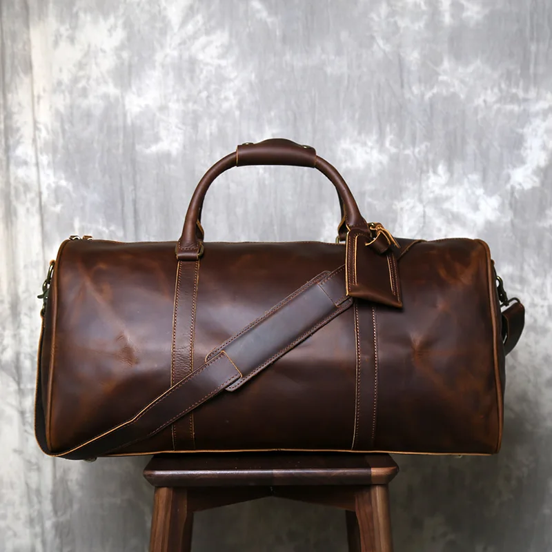 Retro Crazy Horse Leather Suitcase Travel Bag Leather Large Capacity Luggage Bag Business Travel Bag Thick Shoulder Bag