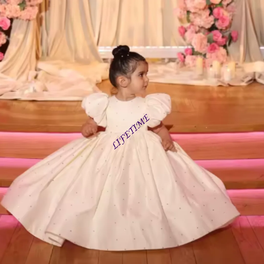 CustomizedPrincess Satin Flower Girl Dresses for Wedding Puff Sleeves Floor Lenght Kids Birthday Party First Communion Gown