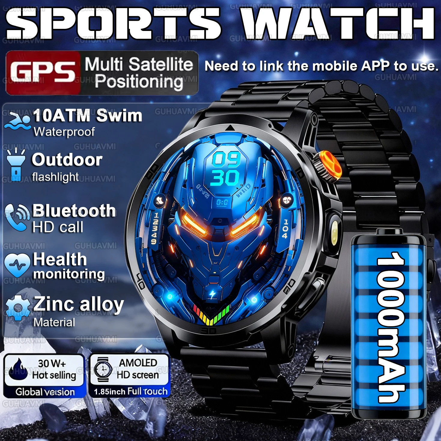 

Новые военные смарт-часы 2026 года для мужчин: HD-экран 1,85 дюйма, GPS, спортивные функции, измерение пульса, аккумулятор 1000 мАч, HD-звонки, водонепроницаемый браслет