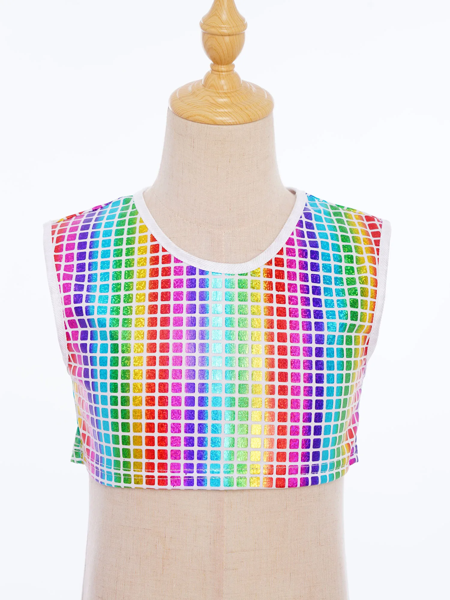 Kids Girls Boys Metallic Plaid Jazz Dance Crop Top Cheerleading Stage Performance Costume Children Round Neck Sleeveless Vest