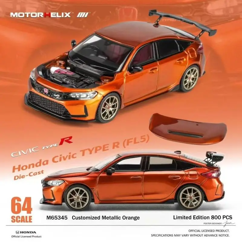Motorhelix-MH 1/64 Honda Civic Type R (FL5) Metal Orange Diecast Car Model Alloy Simulation Collection Toy Gift For Boys
