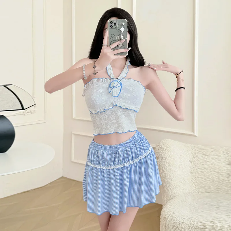 sexy 3D flower halter tie print bikini sets 3pcs cropped vest with striped mini skirt swimsuit swimwear bathing suit tankini