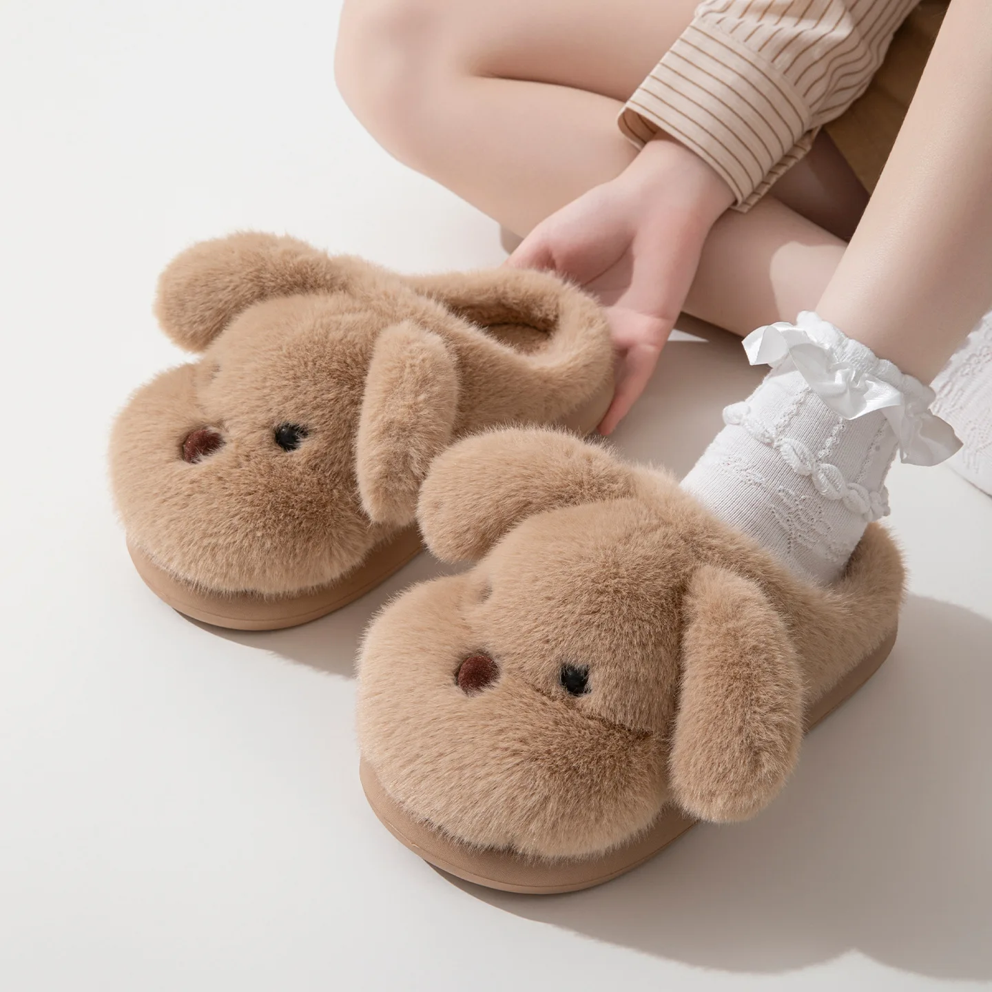 Trendy Cute Dog Plush Slippers Women's Outdoor Wear Autumn Winter Thick Bottom Warm Cover Head Cotton Slippers Fashion Slip-on