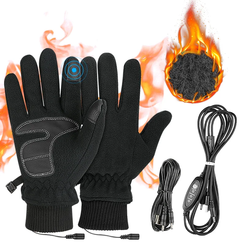 2026 5V Usb Heated Touchscreen Gloves Polar Fleece PU Leather Carbon Fiber Warming Anti Slip for Skiing Cycling Winter Gloves