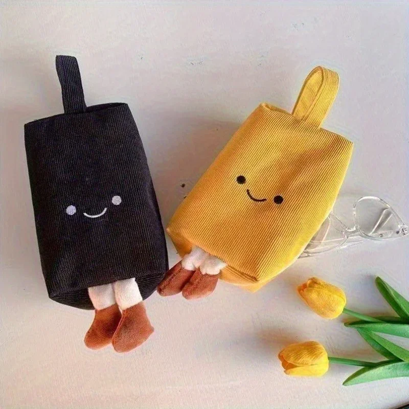 Koreaans zacht flanellen etui met borduursel - schattig smileygezichtontwerp 3D-handvat met grote capaciteit en zijzakken