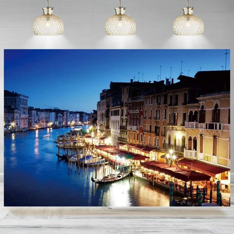 Venice Grand Canal Backdrop Italy Famous Water City Houses Night View Lanscape Rialto Background Photography Banner