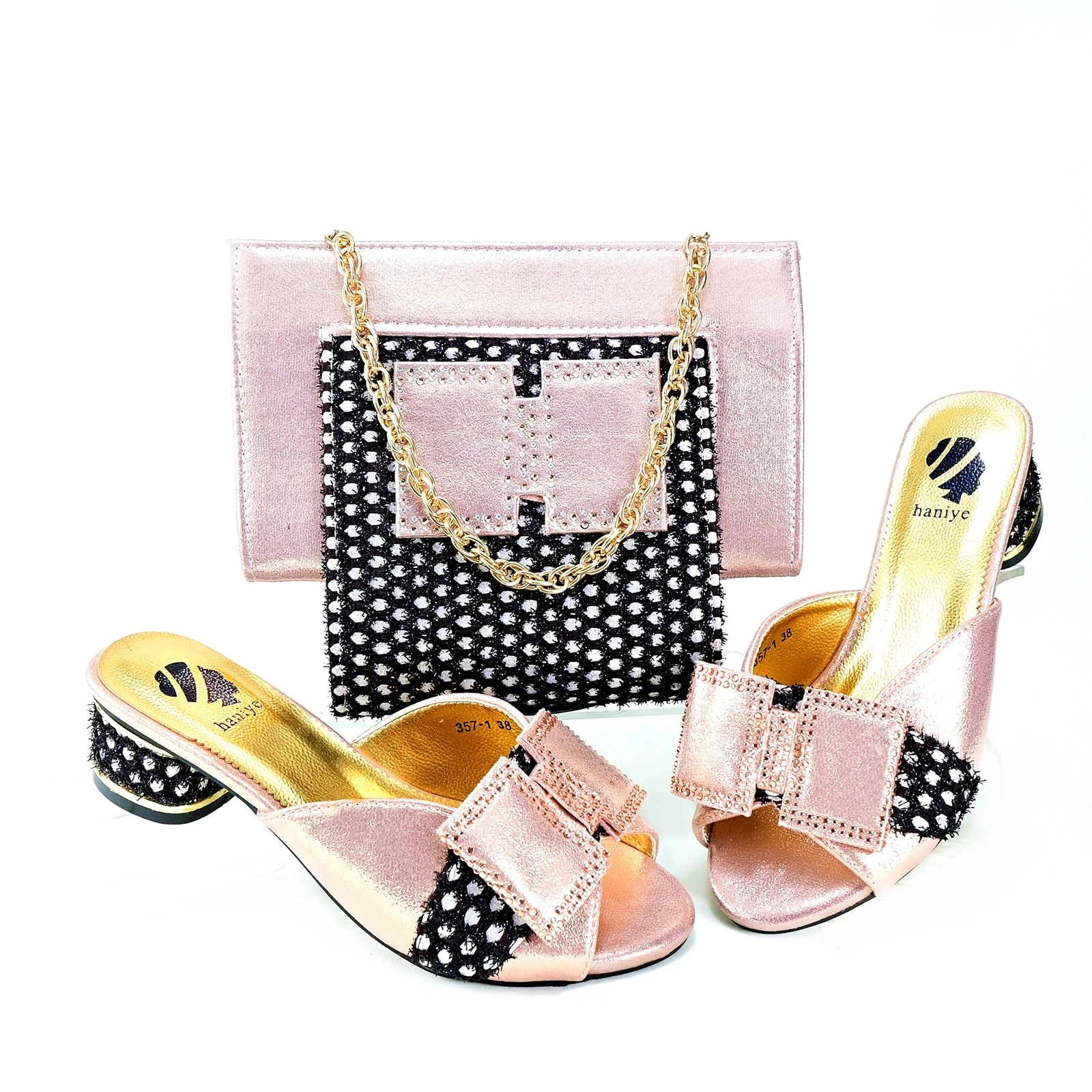 Haniye Designer 4cm Chunky Sandal Rhinestone Sexy Nigerian Women Shoe and Bag Set for Party Wedding Pumps