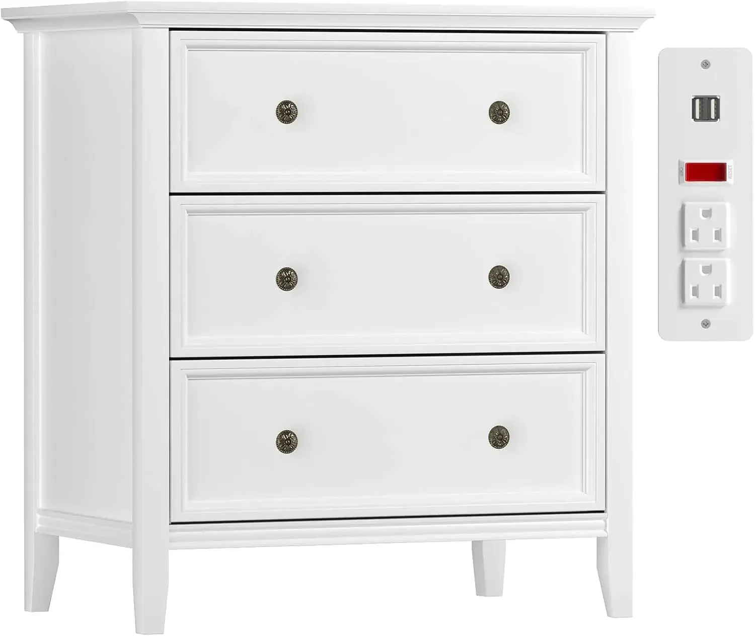 White Nightstand with 3 Drawers and Charging Station, Solid Wood Nightstand Organizer for Bedroom