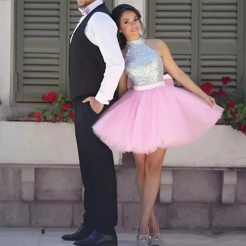 

ANGELSBRIDEP High Neck Short Homecoming Dresses Sparkly Bodice Tulle Speical Occasion Graduation Birthday Party Gowns