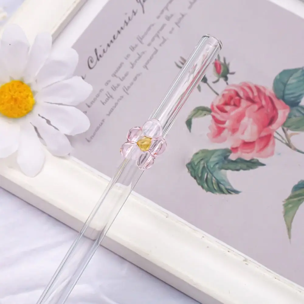 Glass Flower Glass Straws Transparent Heat-resistant Straight Bend Straws Drinkware Reusable Juice Drink Blender Stick