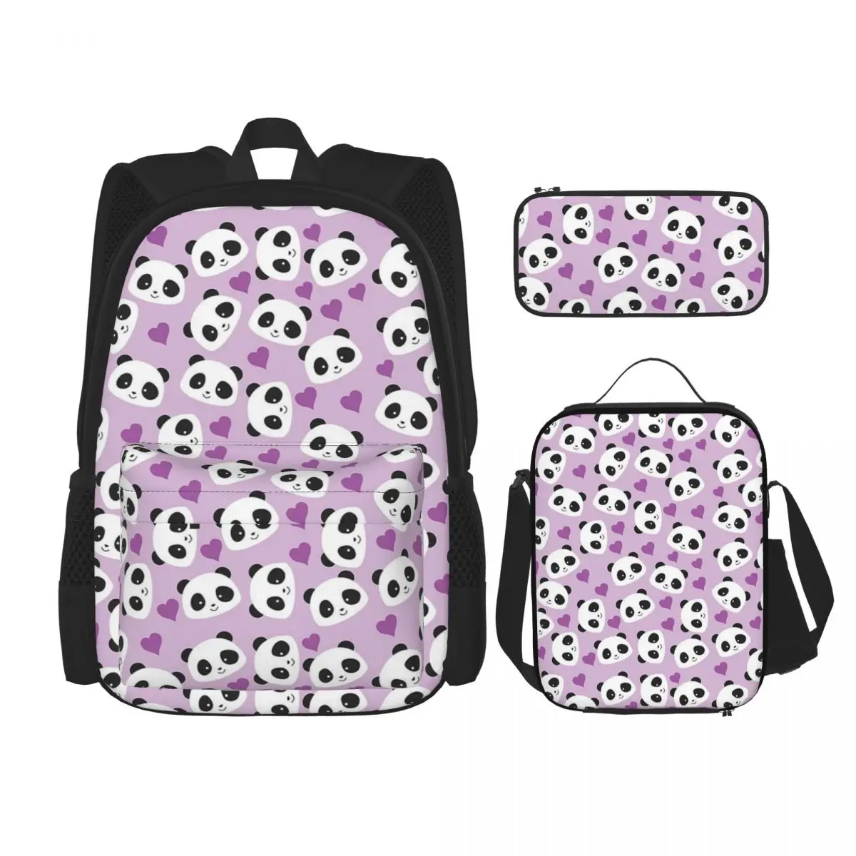 

Cute Panda Purple Hearts Backpacks Boy Girl Bookbag Students School Bags Cartoon Kids Rucksack Lunch Bag Pen Bag Three-Piece Set