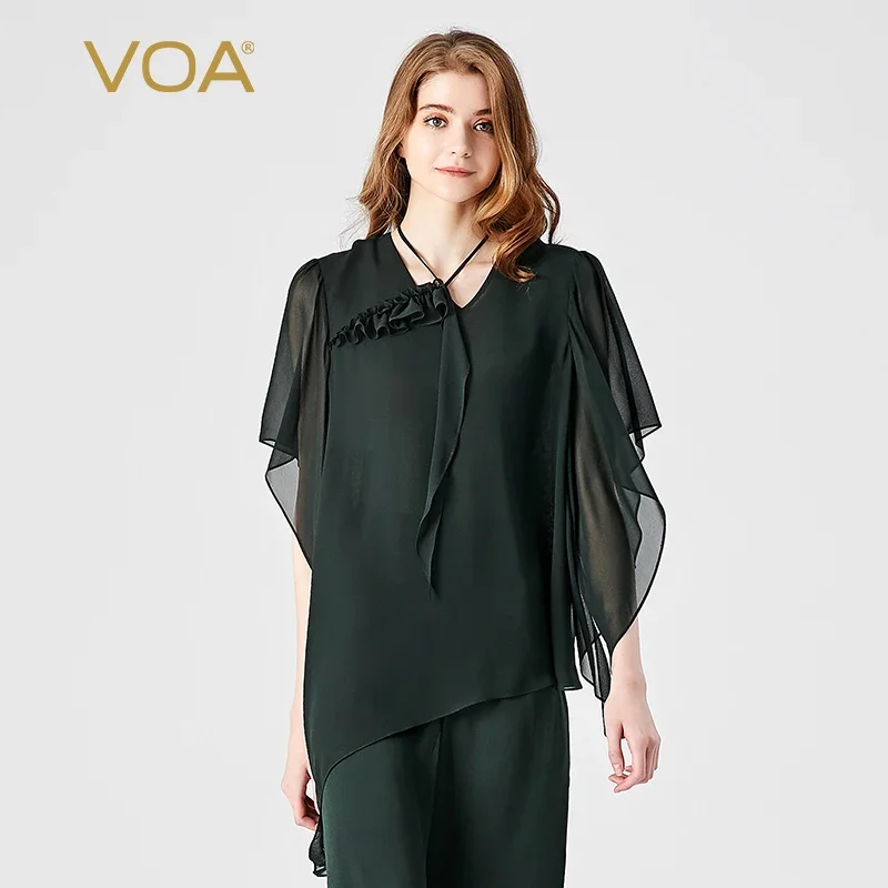 (Fans Exclusive Discount) VOA Silk Georgette V-neck Half Sleeve Tops Wood Ear Band Decoration Asymmetric Straight T-shirt BE1380