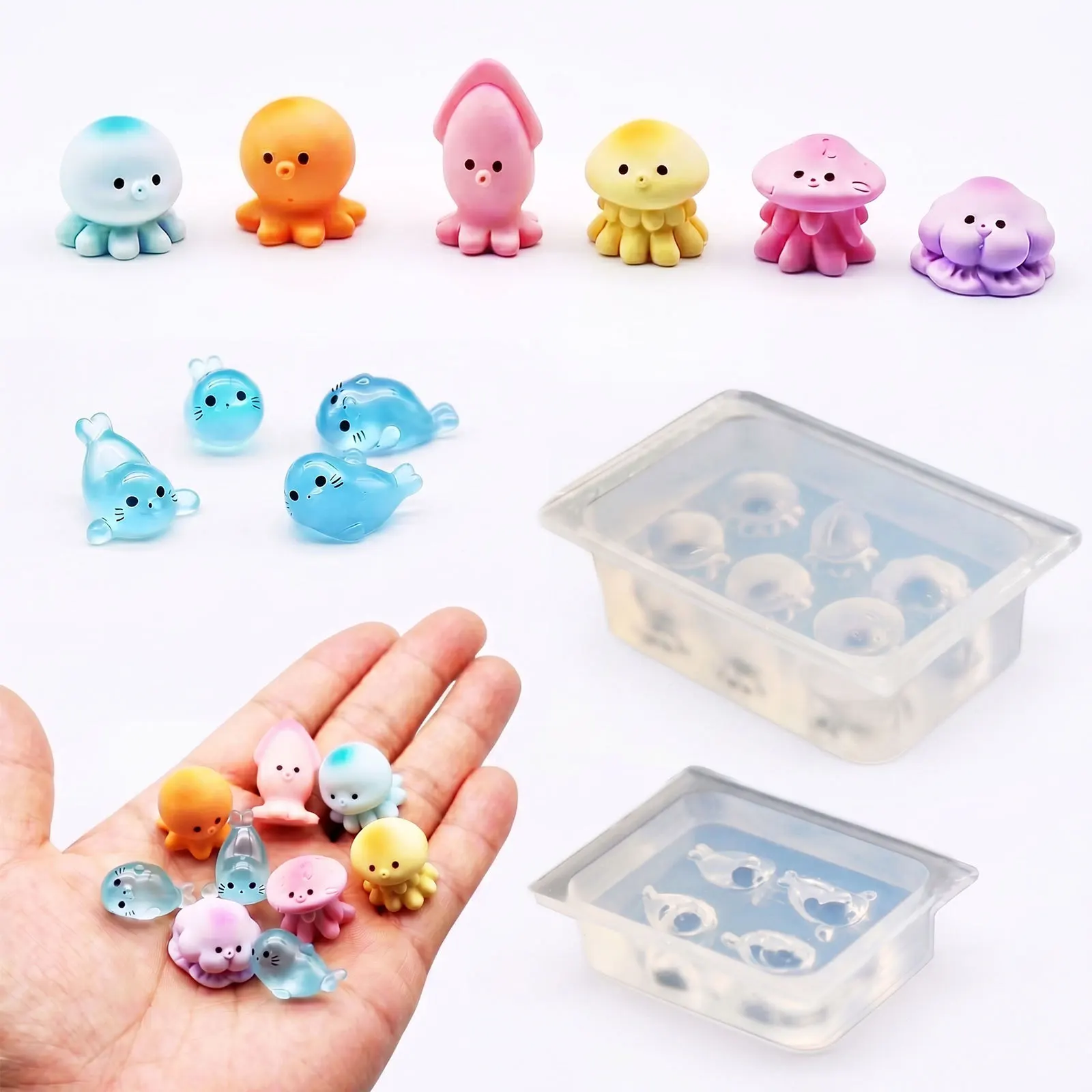 Sea Animal Crystal Clear Silicone Mold Octopus Seal Jellyfish Resin Casting Mould Keychain Bag Charm Car Keyring Purse Pendant