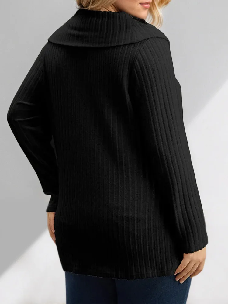 GIBSIE プラスサイズ スカーフカラー ブラック リブニット Tシャツ レディース 秋冬 カジュアル 長袖 無地 ティー トップス 女性用