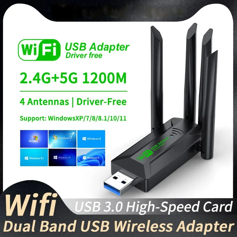 อะแดปเตอร์ USB 3.0 WiFi ความเร็ว 1200Mbps แบบ 4 เสาอากาศ รองรับคลื่นความถี่ 2.4G/5GHz ดูอัลแบนด์  ดองเกิล WiFi การ์ดเครือข่ายไร้สาย 802.11AC สำหรับ Windows 10/11