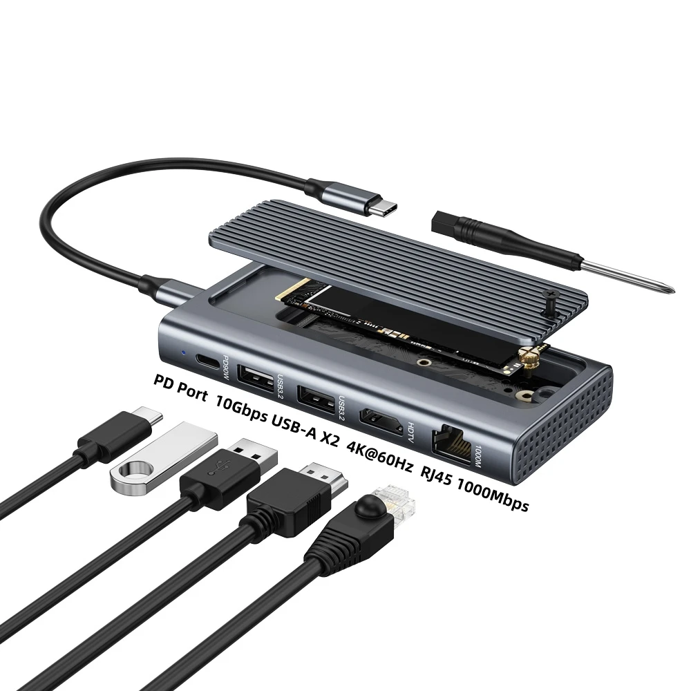 M.2 SSD Enclosure 6-in-1 USB C Hub HDMI-compatible2.0 10G USB-A RJ45 Gigabit Ethernet Adapter for Laptop Data Transfer & Display