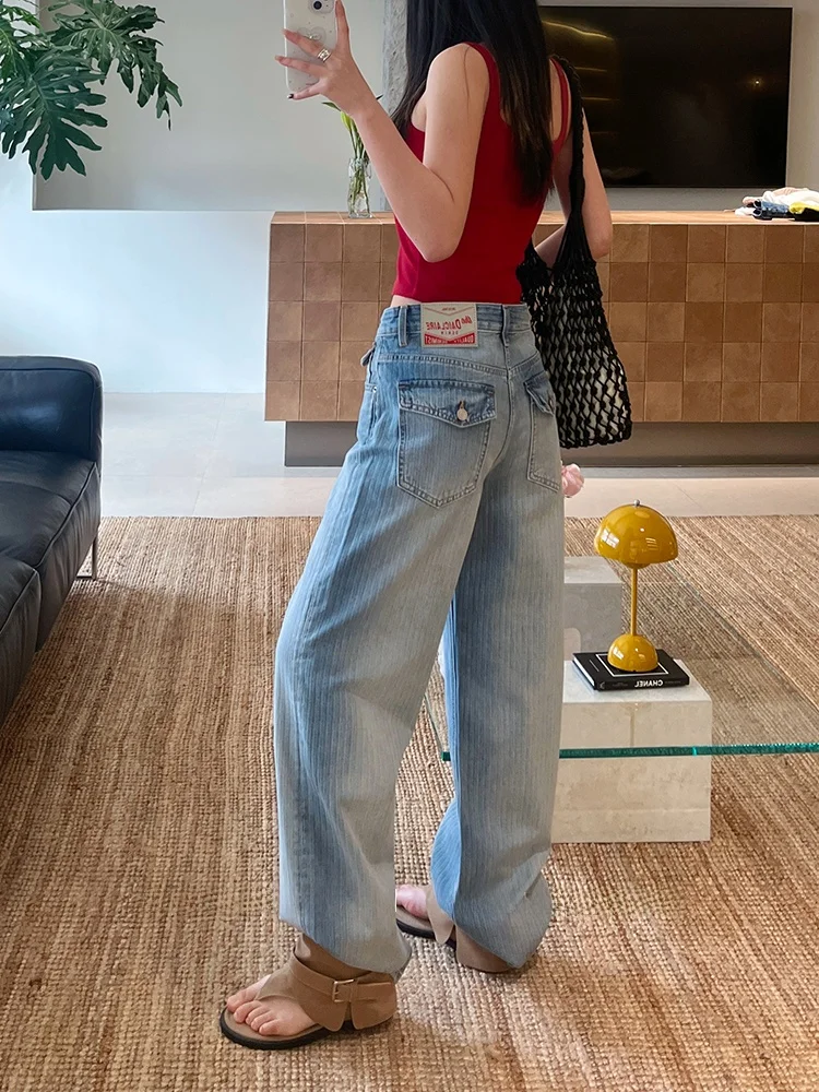 

Spring New Straight Leg Denim Jeans Women's High Waist No Stretch Vertical Stripe Wide Leg Pants Comfortable Soft Cotton Blue