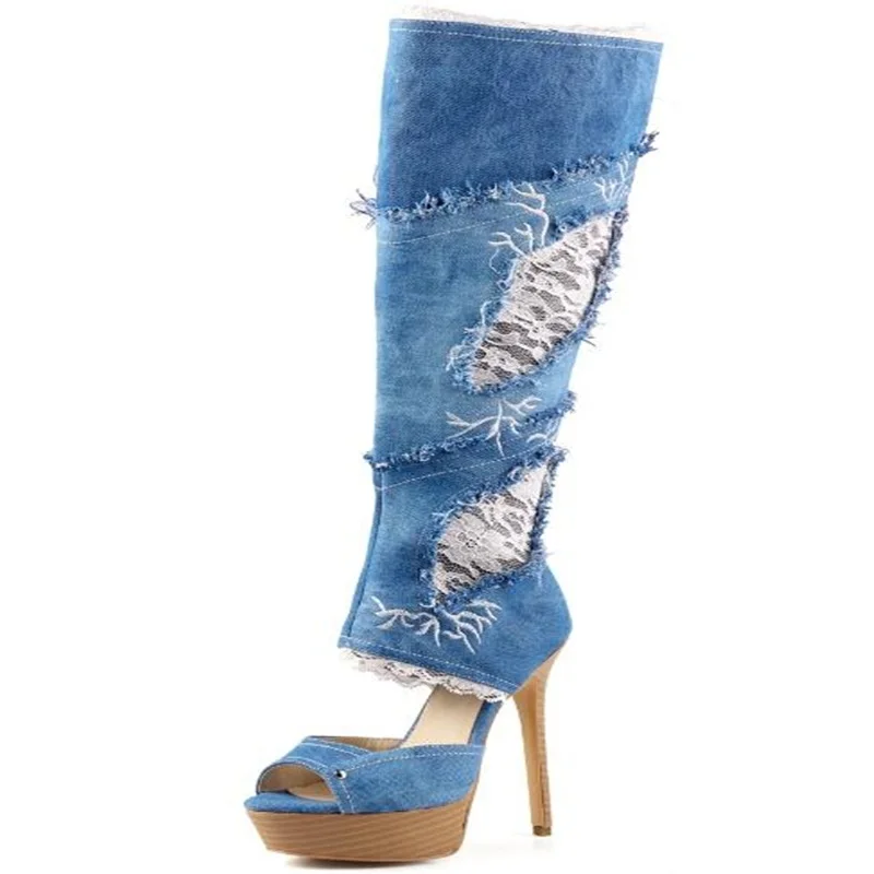 Women Denim Open Toe Stilettos Heel Tight High Boots High Platform Lace Jeans Knee High Sandals Boots Shoes Real Photo Shoes