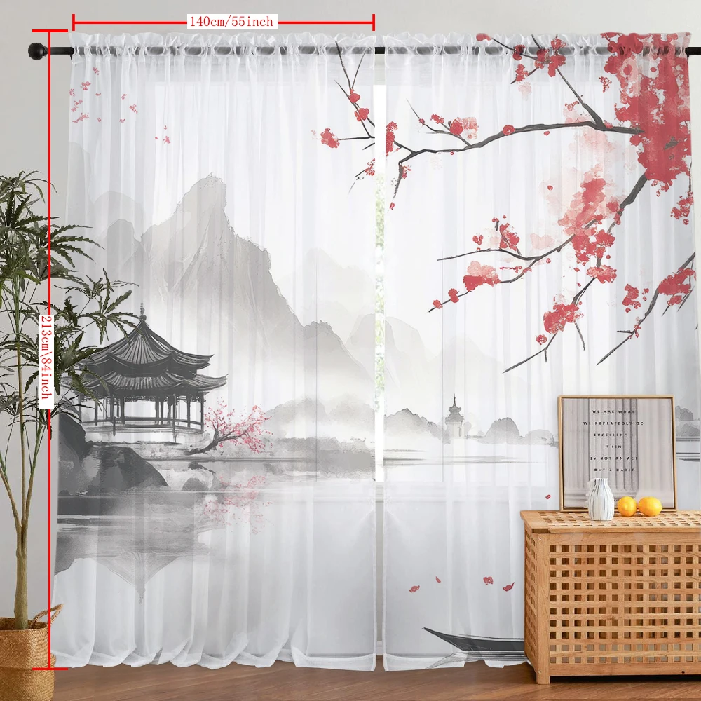 2Pcs Floral Branches And Pavilion Landscape Print Home Decoration Window Screens Suitable For Coffee Shops,  Bedrooms