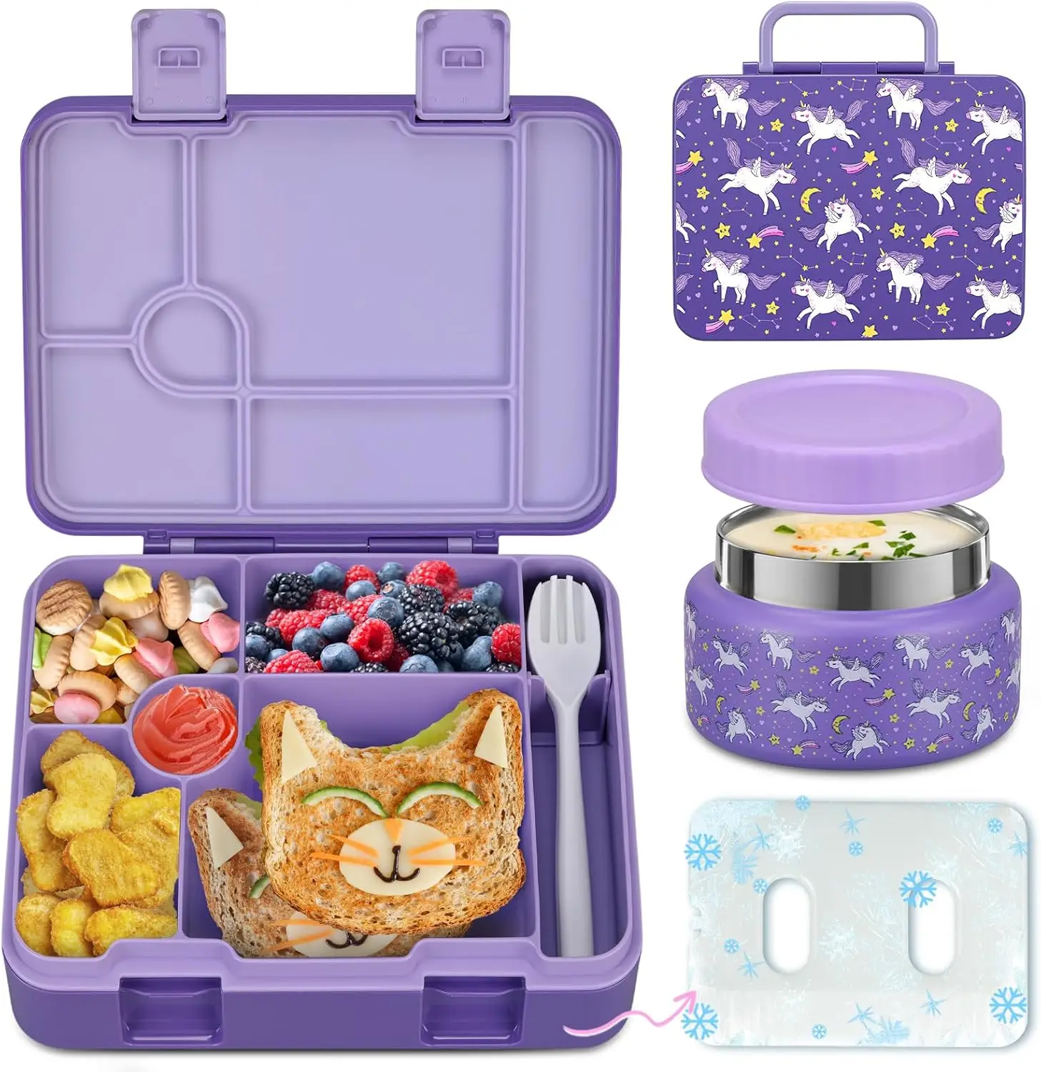 

Kids Bento Lunch Box with 9oz Soup Thermos - Leakproof, Insulated for Hot & Cold Food, Purple Set