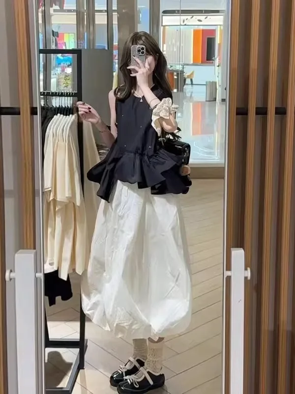 

Korean Sle Summer Outfit Unique Beautiful Svel Top Flower Bud f Skirt Two Piece Set Faionable Cotton Blend