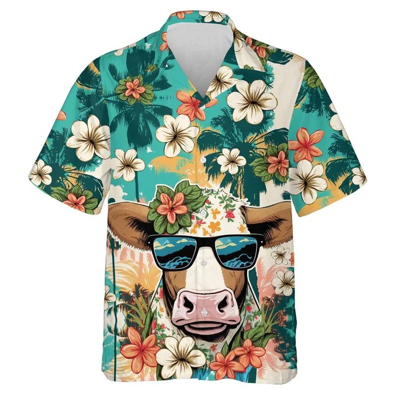 Funny Animal Cow 3D Printed Beach Shirts For Men Clothes Casual Hawaiian Dairy Cow Short Sleeve Fashion Aloha Lapel Blouse Tops