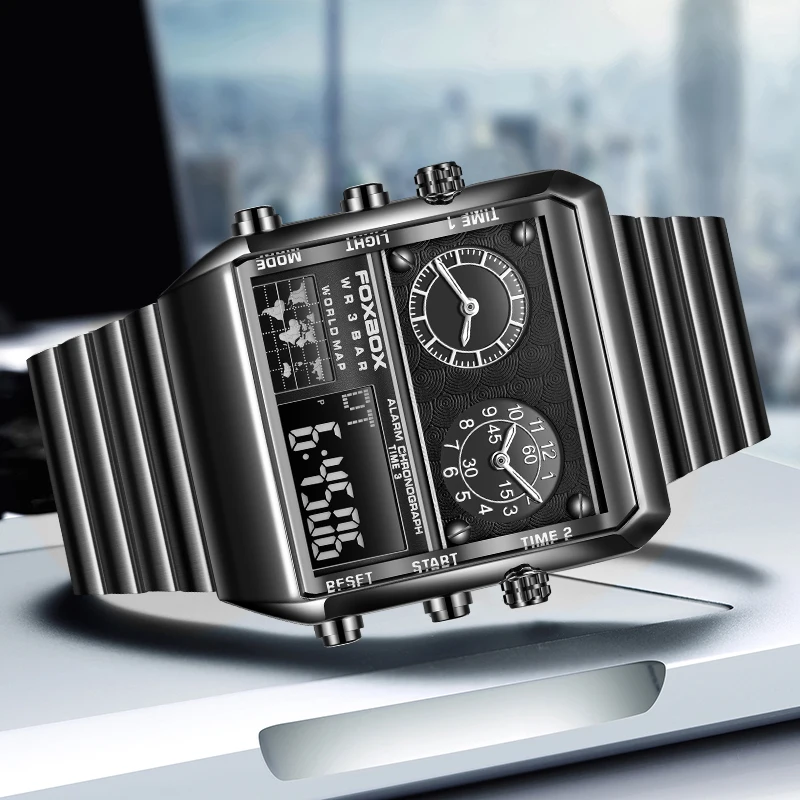 FOXBOX Business Luxury Electronic Man Watch Classic Fashion Dual Time Stainless Waterproof Casual Sport Date Watches for Men+Box
