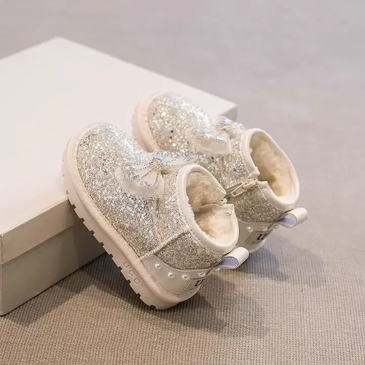 Toddler Girls Winter Snow Boots, Sparkly Sequin Rhinestone Bow Warm Furry Lined Ankle Boots, Anti Slip Kids Boots, Silver Pink