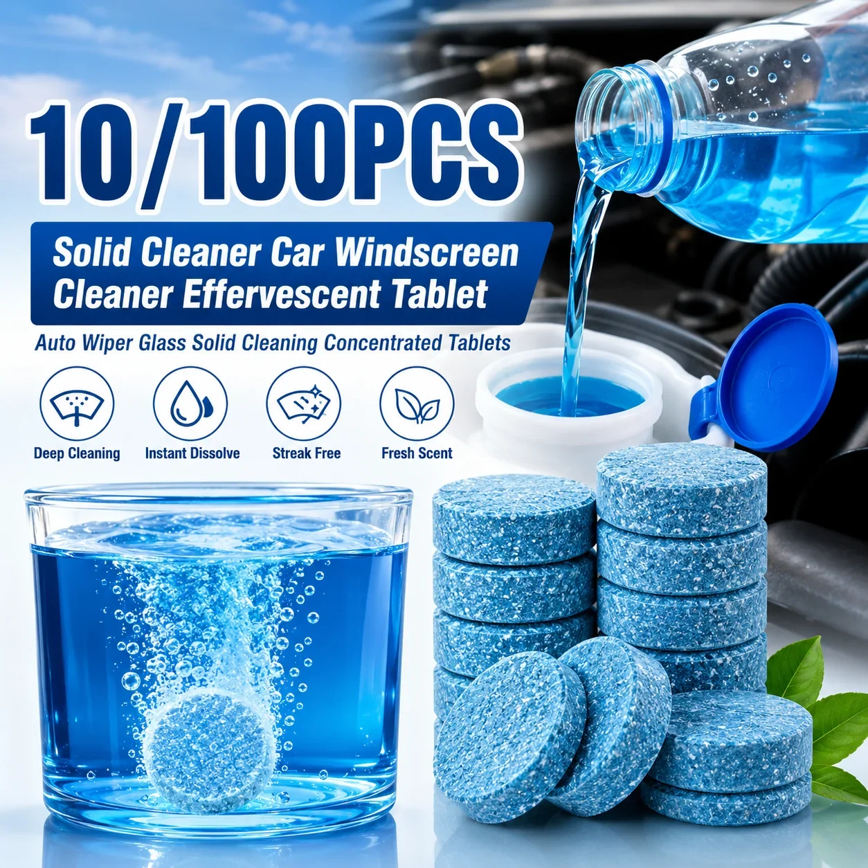 2-100Pcs Solid Cleaner Car Windscreen Cleaner Effervescent Tablet Auto Wiper Glass Solid Cleaning Concentrated Tablets