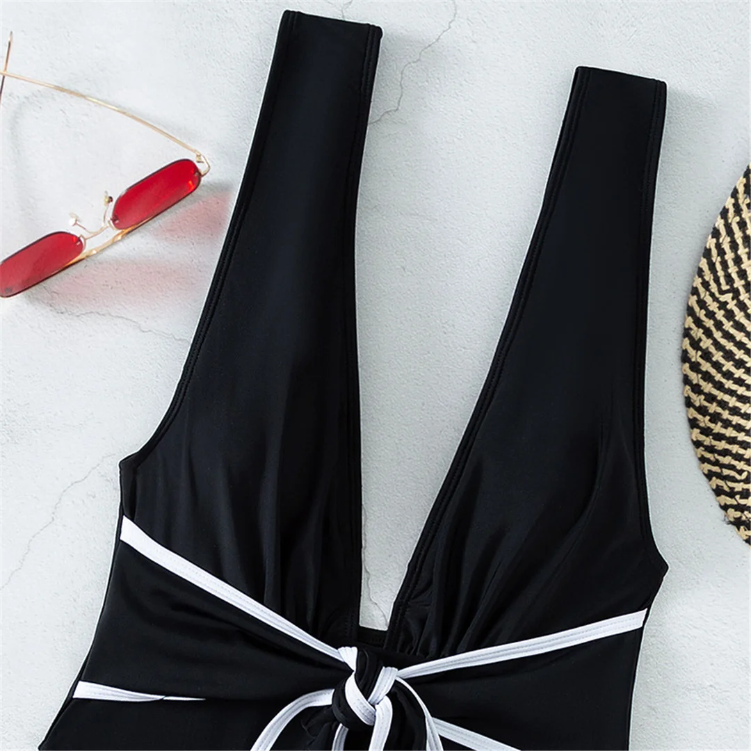Sexy, tief ausgeschnittener Monokini-Badeanzug mit Knoten und offenem Rücken, einteiliger Badeanzug für Damen, gepolstert, mit hohem Beinausschnitt, Badebekleidung, Badeanzug, Modell V3487. – Detail 12