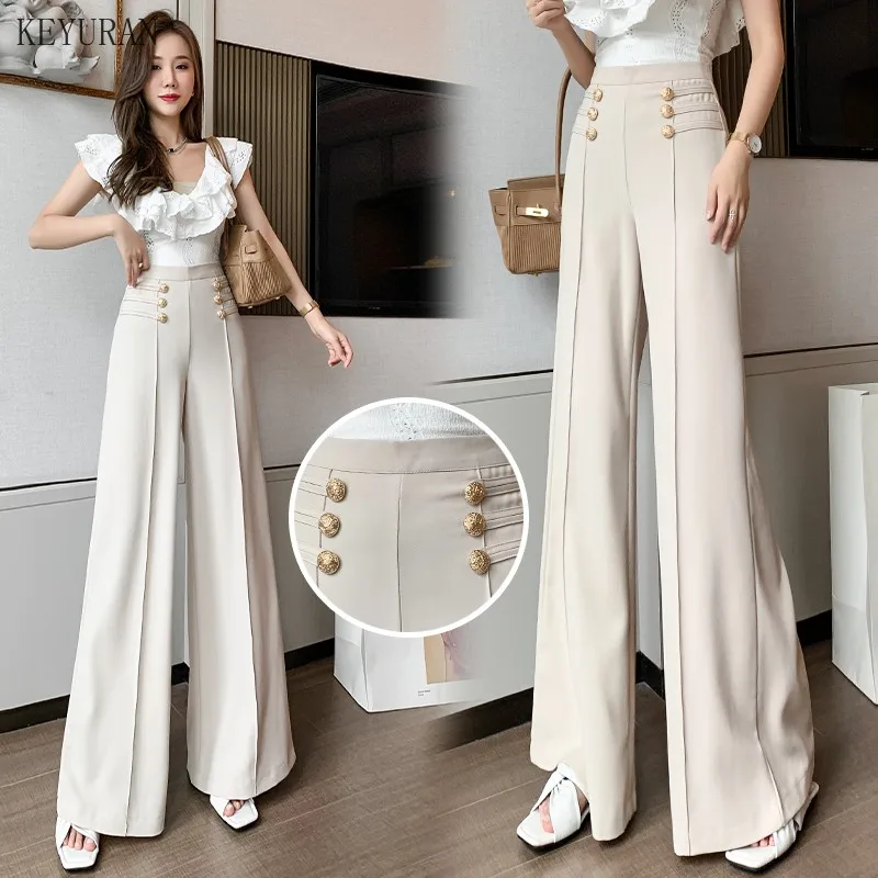 Women Spring Summer New Elegant Button High Waist Wide Leg Pants Female Fashion Casual Full Length Office Lady Trouser Apricot