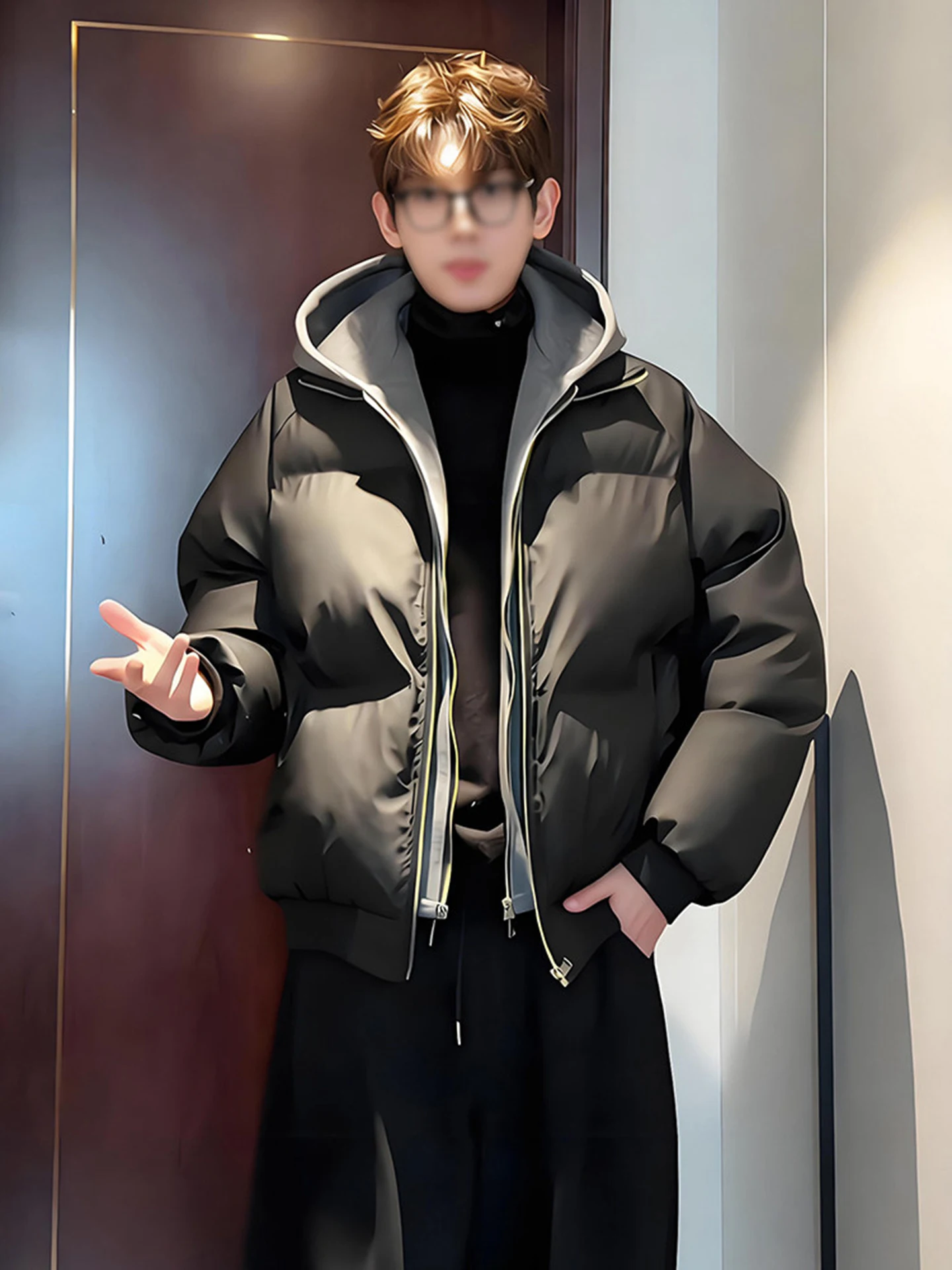 

Men's American Sle down Cotton Jaet ort PU Leather Thiened Bread Coat Casual Warm Zipper Closure Hooded Coat