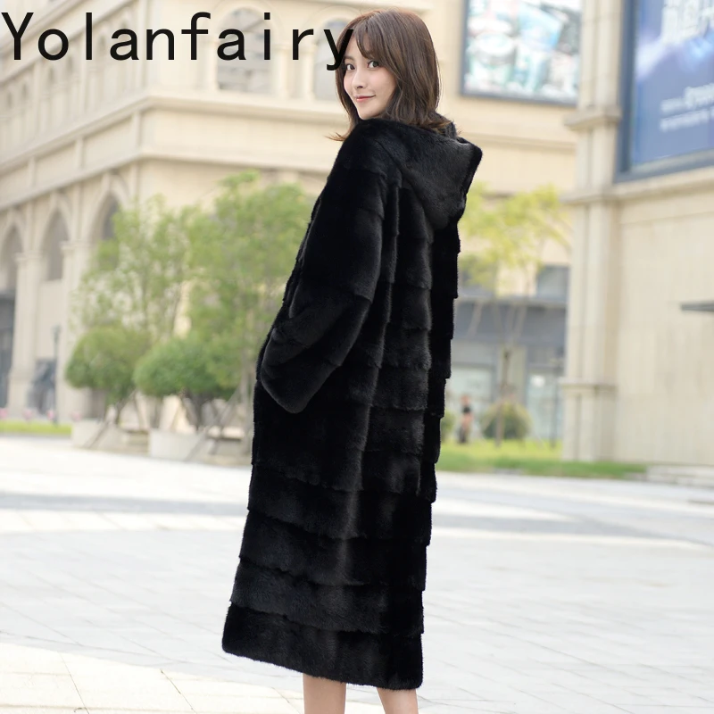 YOLANFAIRY Wysokiej Jakości Płaszcz z Futra Norki z Kapturem, Zimowy Płaszcz Średniej Długości z Prawdziwego Futra, Czarna Kurtka z Futra Norki, Casaco Feminino