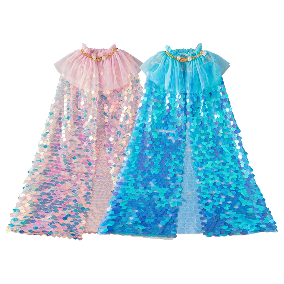 

Girls Carnival Elsa Princess Cosplay Glitter Cape Kids Birthday Party Shawl Clothes Children's Halloween Mermaid Sequin Cloak