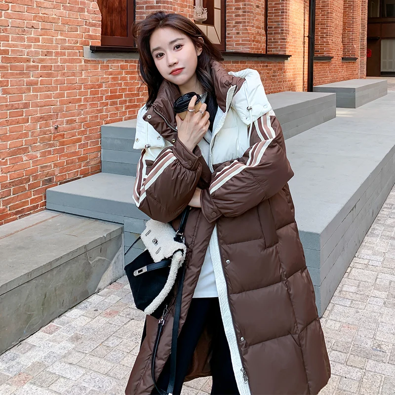 Splicing Women Jacket Warm Coats Down Long Striped Collision Parka Korean Fashion Casual Down Jacket Thick Loose Puffer Coats