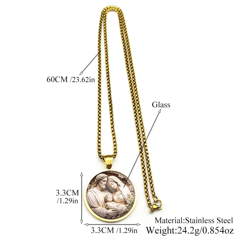 مريم العذراء سانت جوزيف بيبي يسوع الزجاج قلادة مستديرة قلادة للنساء الرجال الفولاذ المقاوم للصدأ الذهب اللون مجوهرات تميمة المسيحية #6