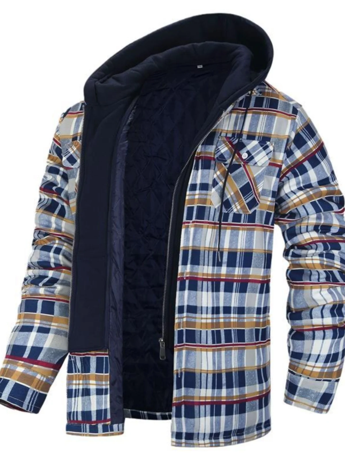

Men's Plaid Flannel Jaet Breathable Thiened Winter Coat with Hood Seven Sve Long Single Button Closure Regular Length