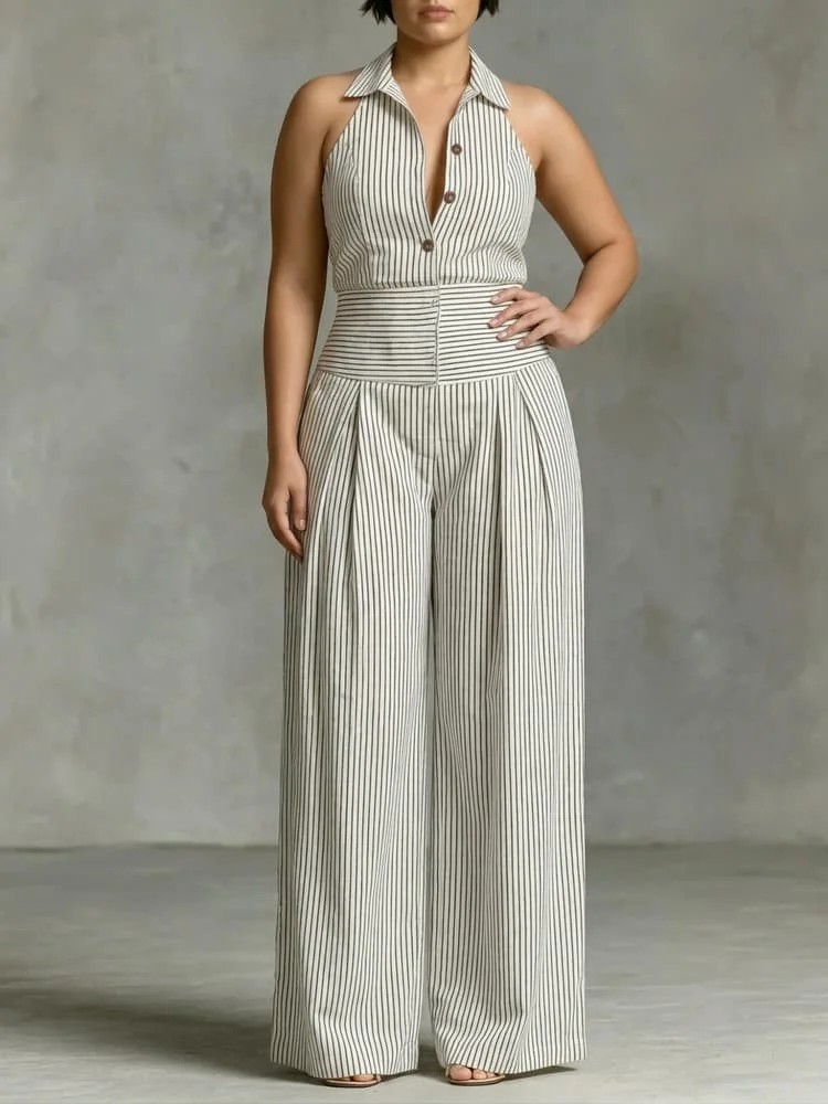 Elegant Striped Halter Wide-Leg Jumpsuit. S4de32111fdeb4485995b6c4eaba930589