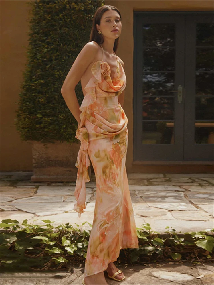 Seltsame Puss Tie-Dye Mode Maxi Kleid Frauen Applique Spitze-Up Halter Rüschen Quaste Urlaub Strand Party Geraffte elegante Vestidos