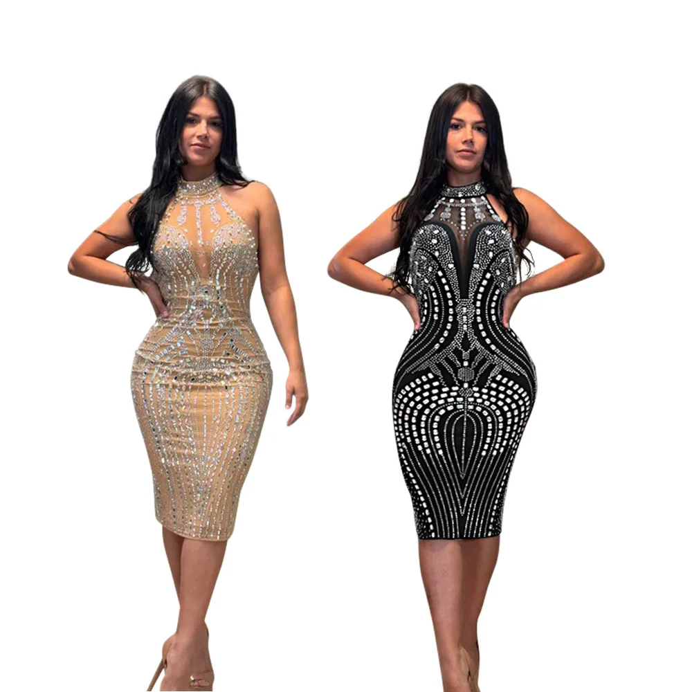 

EINY Chic Women Sleeveless Diamonds Hot Rhinestones Bodycon Midi Dress 2025 Fall Sexy Street Party Club Evening Birthday Dresses