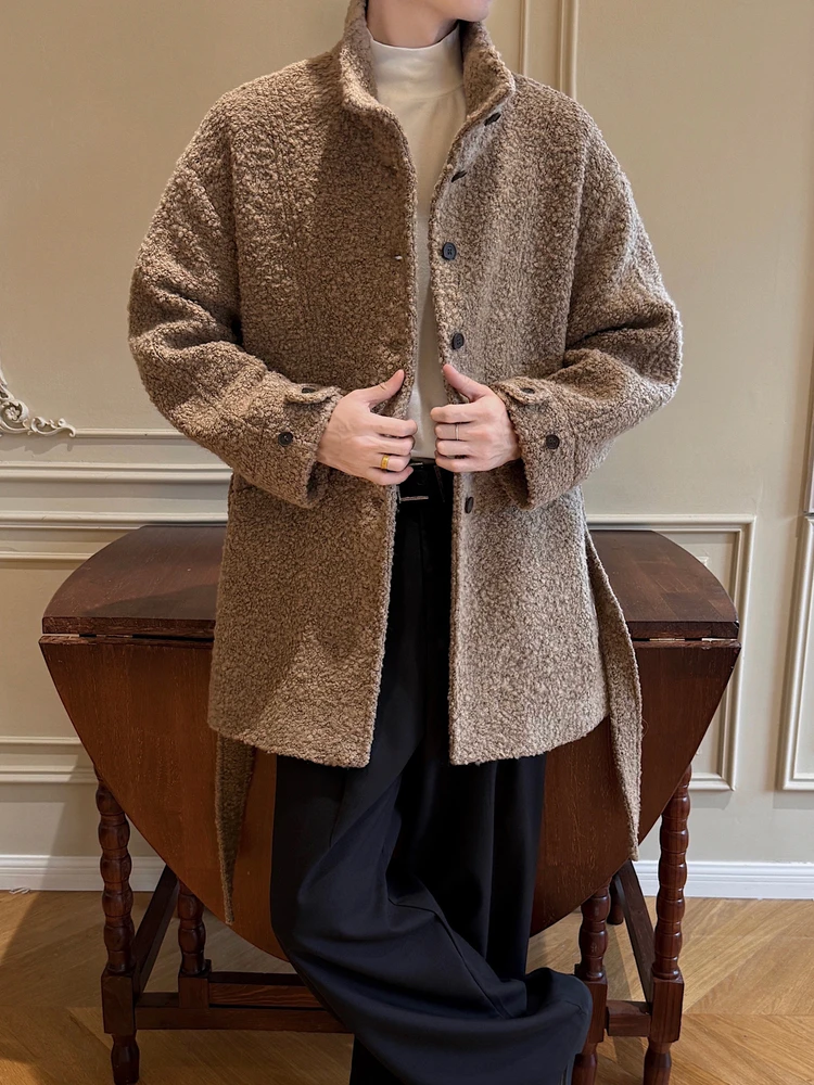 

Ele Briti Sle Woolen Coat Men's Long Stand Collar Autumn Winter Faionable Haome Mid-Length Tweed Jaet