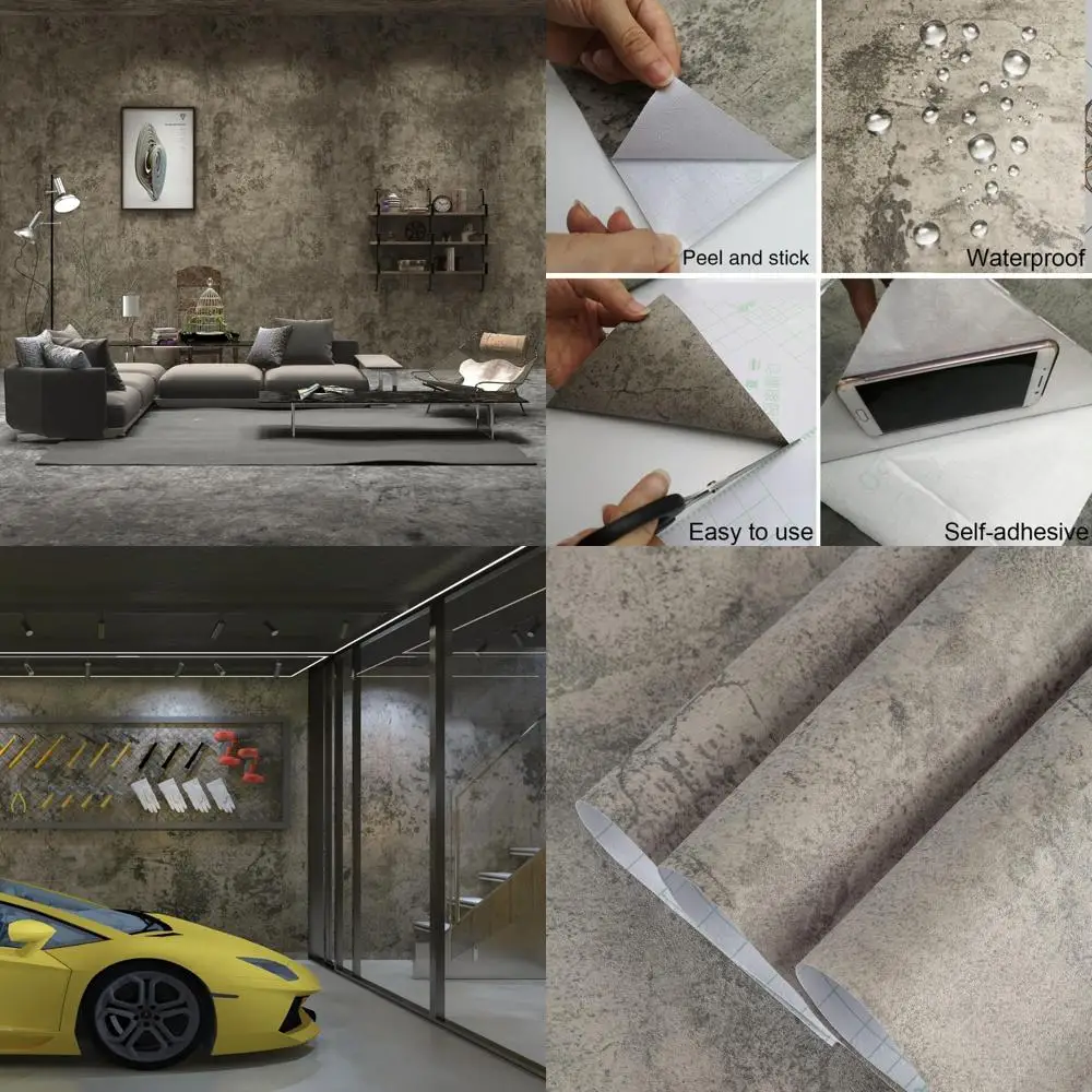 ورق جدران من الفينيل المقاوم للماء ذو مظهر خرساني رمادي عريض جدًا، لاصق غير لامع لتأثير الأسمنت ثلاثي الأبعاد