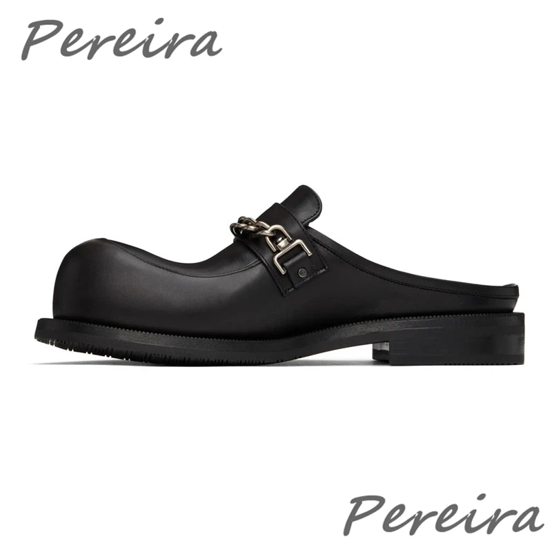 Round Toe Chunky Platform Men Shoes Metal Chain Green Half Slippers Retro Casual Flat Shoes Summer Slip-On Comfortable Loafers