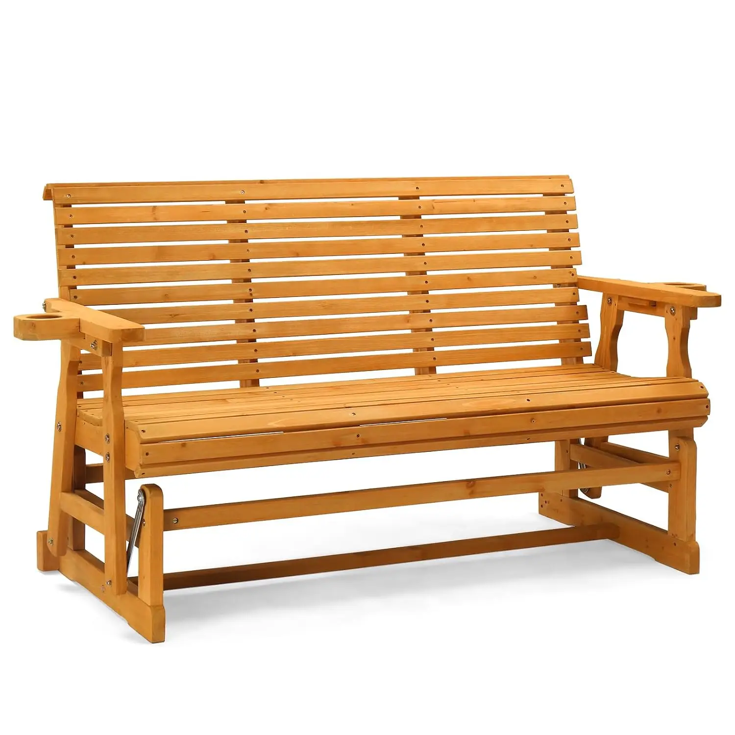 Outdoor Glider Wood Patio Chair with Cup Holders, 3-Person Outdoor Bench Glider Loveseat with Smooth Rocking Mechanism